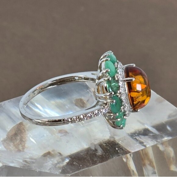 925 Sterling Silver Ring with Natural Amber & Emerald Gemstones - Picture 14 of 15